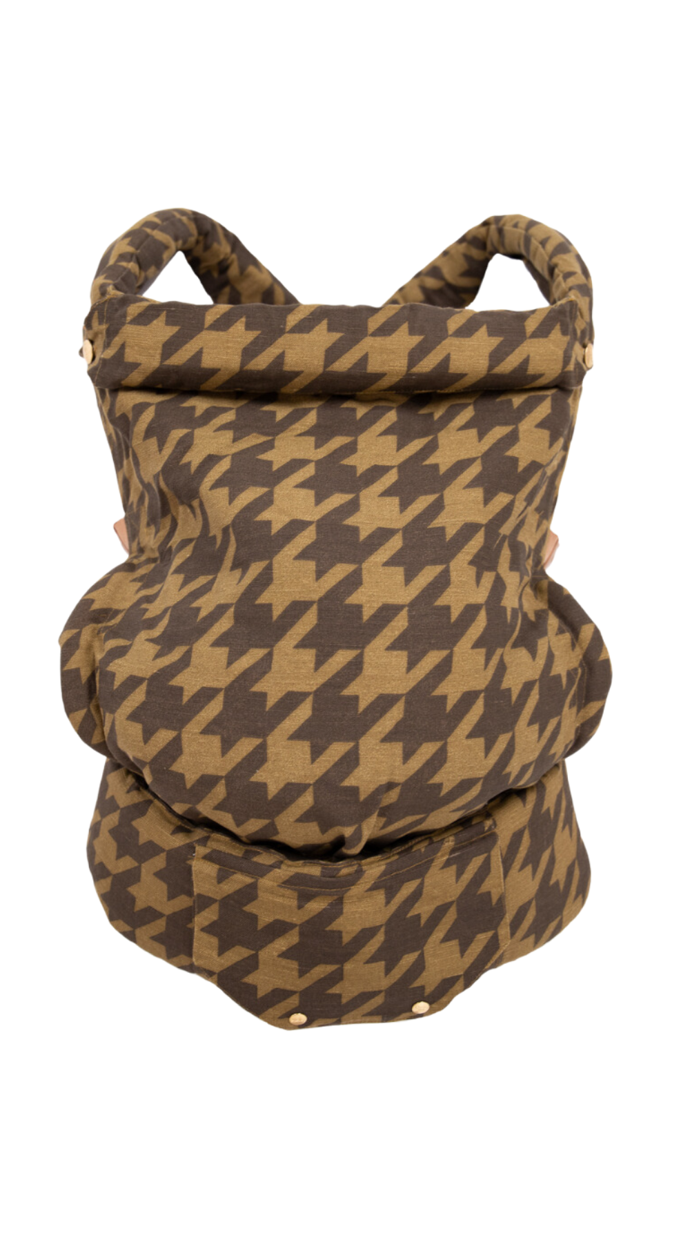 Luxe houndstooth with khaki and brown hues, perfect for any fashionable parent. Lightweight and breathable bamboo and linen with adjustable waistband and padded shoulder straps.